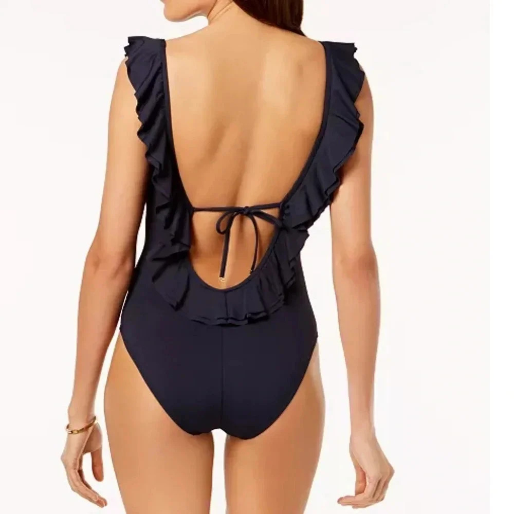 MICHAEL Michael Kors Slate Gray Ruffled Scoop-Back One-Piece Swimsuit. Size 8. - Picture 4 of 16
